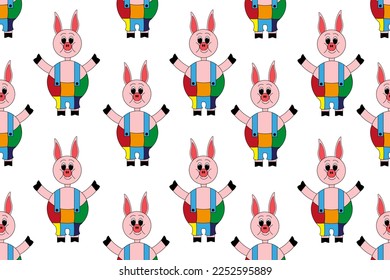 Seamless pattern with cartoon pig in rainbow pants with straps on white background. Endless backdrop with farm animal. Wallpaper print for children room. 