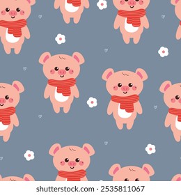 seamless pattern cartoon pig with red scarf. cute winter wallpaper for fabric print, gift wrap paper