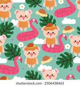 seamless pattern cartoon pig with summer vibes and stuff. cute summer wallpaper for fabric print, gift wrap paper