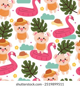 seamless pattern cartoon pig with summer vibes and stuff. cute summer wallpaper for fabric print, gift wrap paper