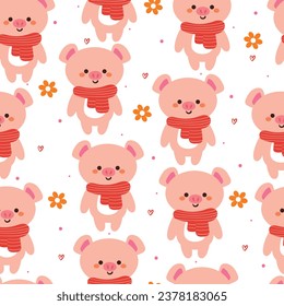 seamless pattern cartoon pig wearing scarf. cute animal wallpaper with flower illustration for gift wrap paper, winter wallpaper