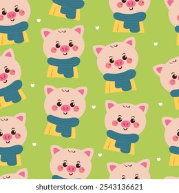 seamless pattern cartoon pig in winter day. cute animal winter wallpaper for fabric print, gift wrap paper