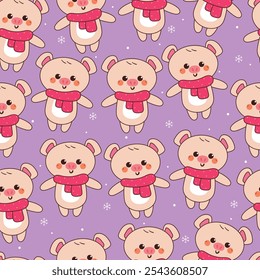 seamless pattern cartoon pig in winter day. cute animal winter wallpaper for fabric print, gift wrap paper