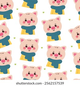 seamless pattern cartoon pig in winter day. cute animal winter wallpaper for fabric print, gift wrap paper