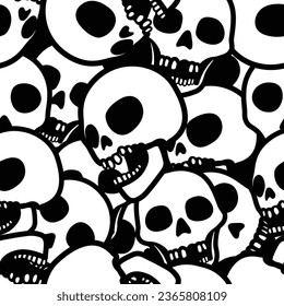 Seamless pattern, cartoon pile of skulls for haloween tile or fabric pattern large on black background