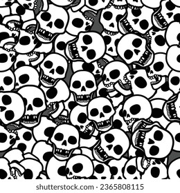 Seamless pattern, cartoon pile of skulls for haloween tile or fabric pattern middle on grey background