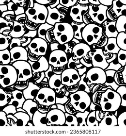 Patrón sin soldadura, pila de dibujos animados de cráneos para tejas o motivos de tela halen medio sobre fondo negro