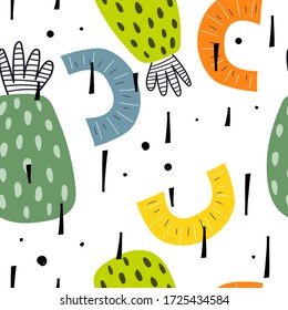 Seamless pattern with cartoon pineapple, decor elements. colorful vector. hand drawing, flat style. design for fabric, print, textile, wrapper