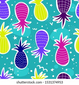 Seamless pattern with cartoon pineapples, decor elements on a neutral background. vector. fruit theme. hand drawing. design for fabric, wrapper, textile, print