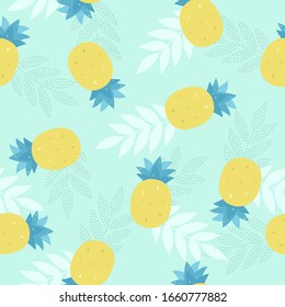 Seamless pattern with cartoon pineapples and tropical leaves. Exotic summer vector illustration.