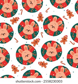 seamless pattern cartoon pink bunny inside christmas wreath. cute animal wallpaper for christmas background, gift wrap paper