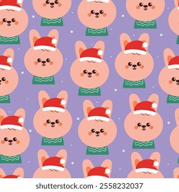 seamless pattern cartoon pink bunny with santa hat. cute animal wallpaper for christmas background, gift wrap paper