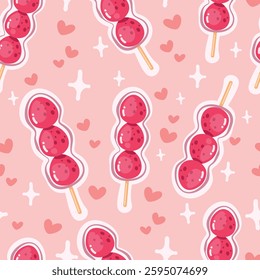 Seamless pattern cartoon of pink candied strawberries. The background is pink with heart and glittering. Pattern design for wrapping paper, wallpaper and fashion prints.