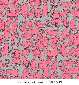 Seamless pattern with cartoon pink cats