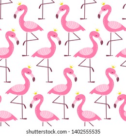 Seamless pattern with cartoon pink flamingo