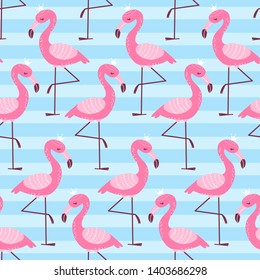 Seamless pattern with cartoon pink flamingo on blue