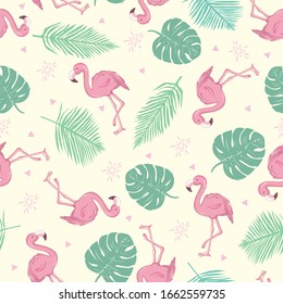 Seamless pattern with cartoon pink flamingo