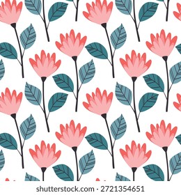 Patrón sin fisuras de flores de dibujos animados de color rosa. lindo Fondo de pantalla botánico y patrón para papel de regalo 
