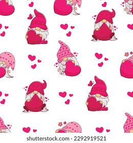 Patrón sin inconvenientes con los gnomos de dibujos animados rosados con corazones para el Día de San Valentín y el Día de la Madre