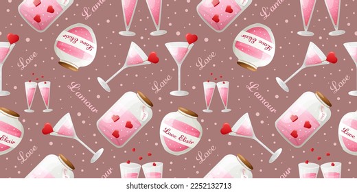 Seamless pattern with cartoon pink love elixir. Illustration for valentine's day. Pattern for gift wrapping, fabric, postcards