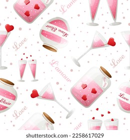 Patrón sin foco con el elixir de amor de color rosa caricatura. Ilustración del día de San Valentín. Patrón de envoltura de regalo, tela, postales