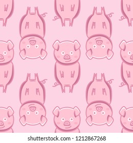 Seamless pattern with cartoon pink pigs on a pink background. Vector illustration 8 EPS.