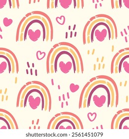 Seamless pattern cartoon of pink rainbow heart on beige color background. The sweetness of Valentine's Day pattern theme. Pattern design for fabric, wrapping paper, wallpaper and fashion prints.