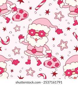 Seamless pattern cartoon of Pink santa claus flower, candy canes and stars glitter. Patterns related to Christmas party. Pattern design for fabric and wrapping paper, wallpaper and fashion prints.