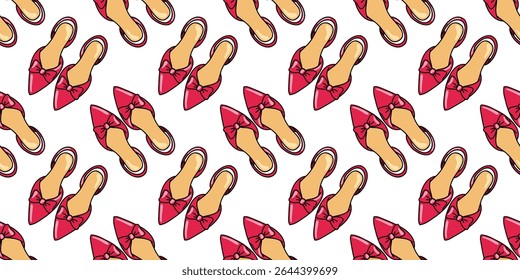 Seamless pattern with cartoon pink slingback heels and bow. Woman elegant shoes. Cartoon vector background.