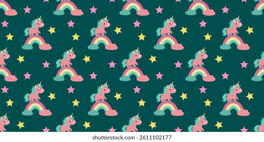 Seamless pattern with cartoon pink unicorns standing on rainbows with clouds and smiling stars. Colorful flat style on dark teal background