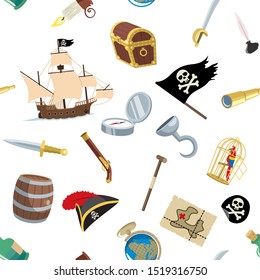 Patrón sin inconvenientes con los accesorios de caricatura pirata sobre fondo blanco.