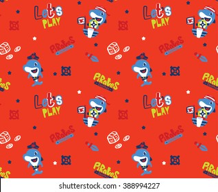 Seamless pattern cartoon pirate dolphin on a orange background vector illustration.