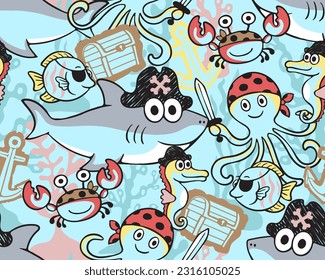 Seamless pattern of cartoon pirate elements with funny marine animals