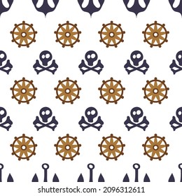 seamless pattern with cartoon pirate skull, bones, anchor and steering wheel