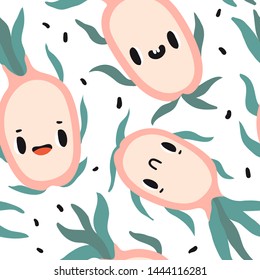 Seamless pattern with cartoon pitaya (dragon fruit). Summer colorful design for kids, kitchen textile, fabric, paper. Cute doodle style emoticons. Smiling faces kawaii food. Hand drawn flat texture