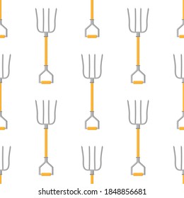 Seamless pattern with cartoon pitchforks on white background. Gardening tool. Vector illustration for any design.