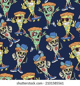 Seamless pattern of a cartoon pizza characters background elements.