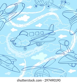 Seamless pattern with cartoon planes and helicopter on background Cloudy Skies.