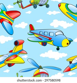 Seamless pattern with cartoon planes and helicopter on background Cloudy Skies.