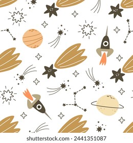 seamless pattern with cartoon planet, spaceship, comet, decor elements. Colorful vector for kids. Space. hand drawing. baby design for fabric, print, wrapper, textile