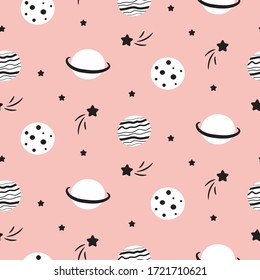 Seamless pattern with cartoon planet stars and comets. Kids cosmic theme background pink girl colors.