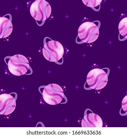 Seamless pattern of cartoon planets. Colorful set of isolated objects. Space background. Fantasy planets. Colorful universe. Game design. Fantasy space planets for ui galaxy game. EPS 10.