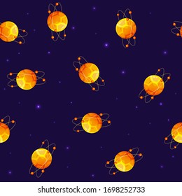 Seamless pattern of cartoon planets. Colorful set of isolated objects. Space background. Colorful universe. Game design. Fantasy space planets for ui galaxy game. EPS 10.