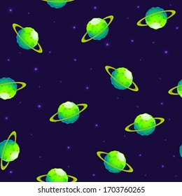 Seamless pattern of cartoon planets. Colorful set of isolated objects. Space background. Colorful universe. Game design. Fantasy space planets for ui galaxy game. EPS 10.