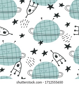 seamless pattern with cartoon planets, decor elements. Colorful vector flat style for kids. Space.
 hand drawing. baby design for fabric, print, wrapper, textile
