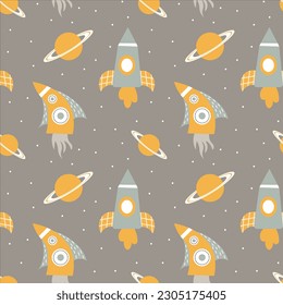 Patrón sin foco, planetas de dibujos animados al estilo doodle. Impresión infantil, textil, papel pintado, vector	
