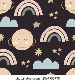 seamless pattern with cartoon planets, rainbow, cloud, stars, decor elements. Colorful vector flat style for kids. Space. hand drawing. baby design for fabric, print, wrapper, textile