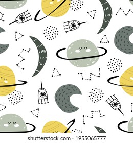 seamless pattern with cartoon planets, spaceship, moon, stars, decor elements. Colorful vector flat style for kids. Space. hand drawing. baby design for fabric, print, wrapper, textile