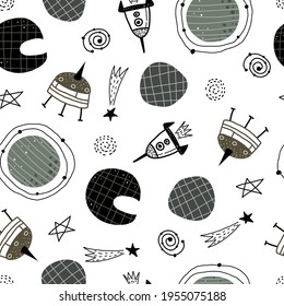 seamless pattern with cartoon planets, spaceship, moon, stars, decor elements. Colorful vector flat style for kids. Space. hand drawing. baby design for fabric, print, wrapper, textile
