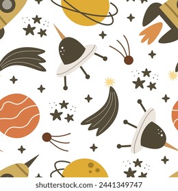 seamless pattern with cartoon planets, spaceship, stars, decor elements. Colorful vector for kids. Space. hand drawing. baby design for fabric, print, wrapper, textile
